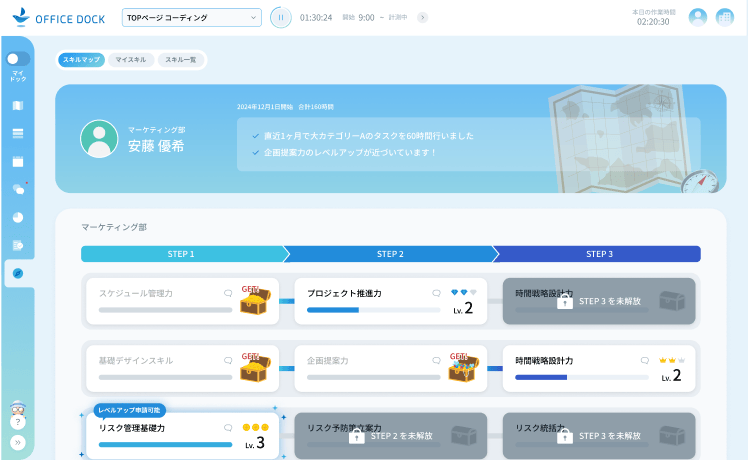 オフィスドックアプリ画面 仕事が楽しくなるゲーム要素を入れたスキルマップ